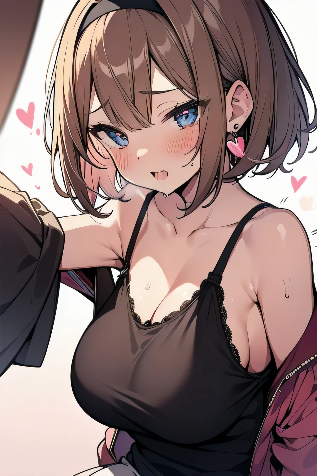 (best quality), (Super detailed), (Best Illustration), (nsfw), (1woman), (Ahegao:1.2), look at viewer, (pink camisole), (Big Breasts:1.2), {brown hair, (bob cut:1.2), curly hair, hairs between eyes}, {(detailed eyes), heart-shaped pupils, blue eyes}, sweat, steam, girl trembling with sexual climax,earrings.hairband