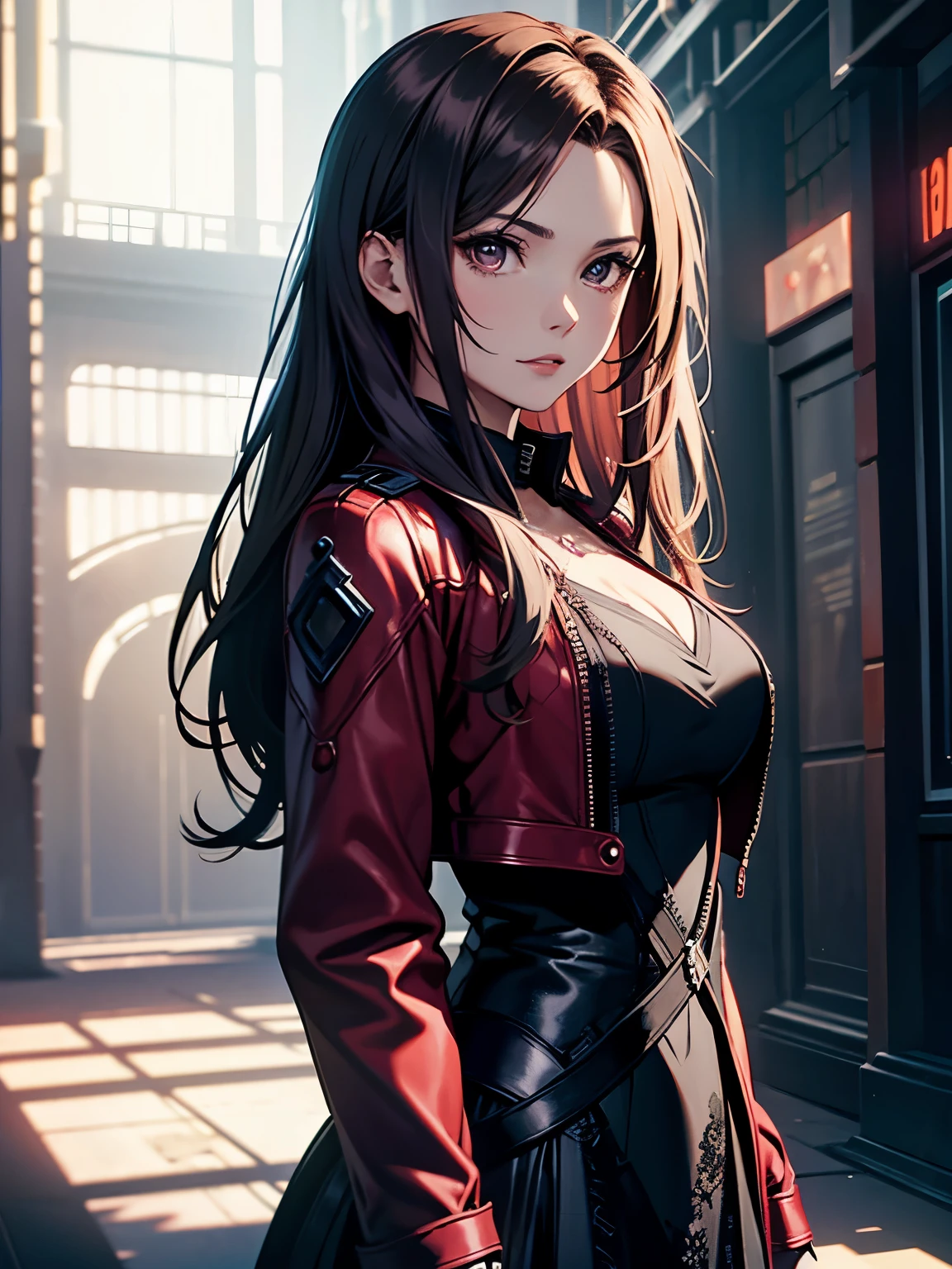 Highly detailed female photos, Lola Elizabeth, Scarlet Witch, the avengers, wearing a black lace dress, Open red leather jacket, 8K Ultra HD, Raw photo, Model photoshoot