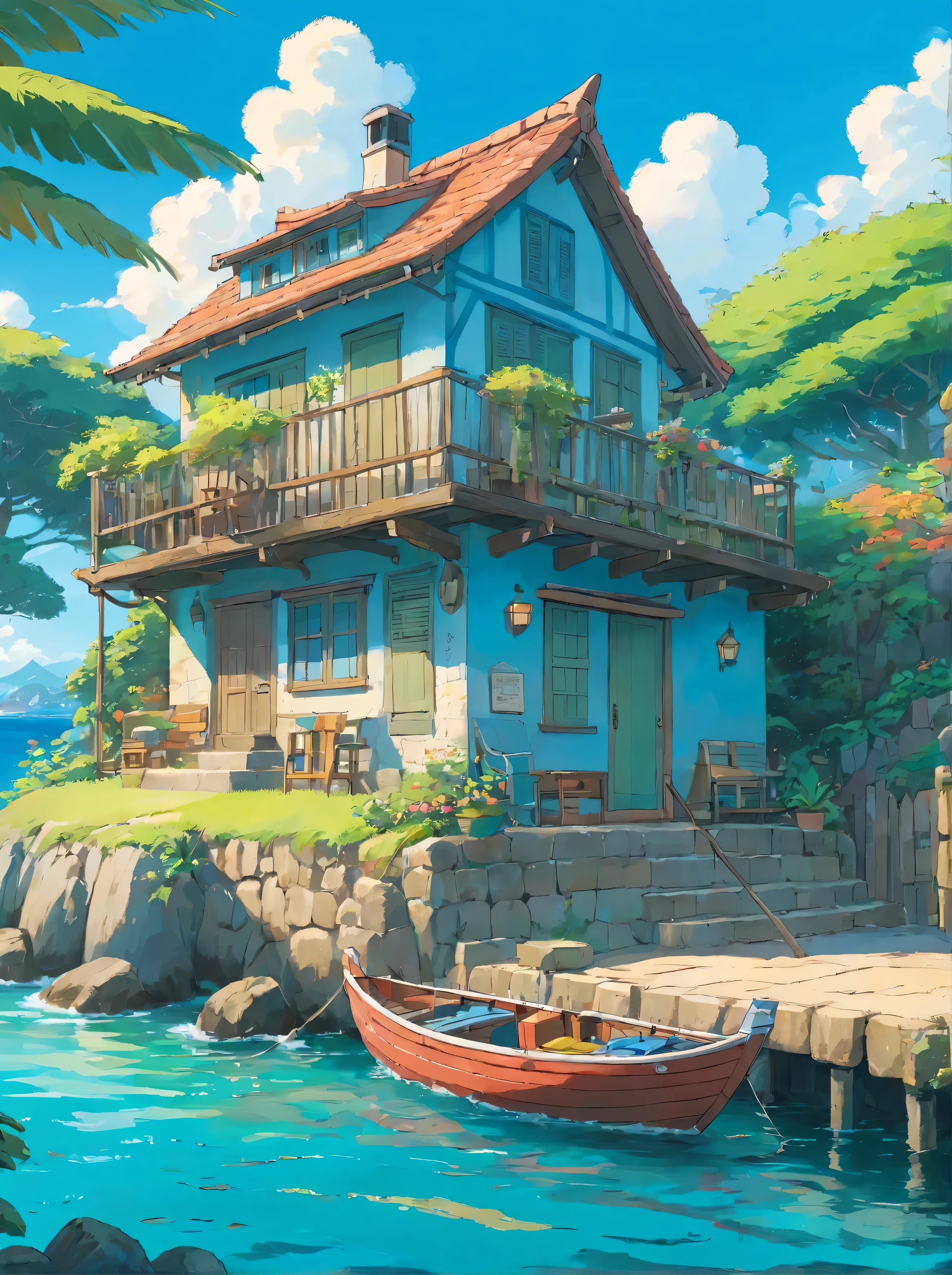 Seaside cottage, Blue sky, Brasil, small boats, the detail, 8k HD, best quality,ultra - detailed, Illustration,Best shadow,masterpiece,A high resolution,professional artwork,famous artwork
