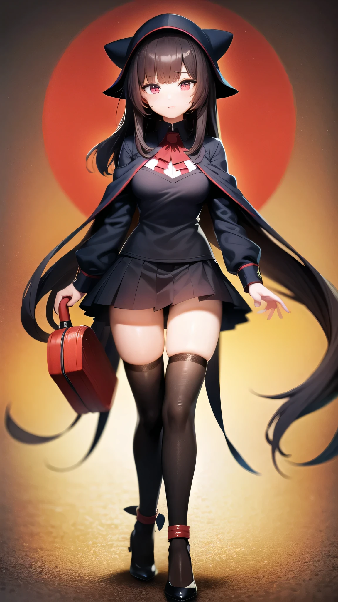 A woman in a short skirt and black jacket holding a red bag - SeaArt AI