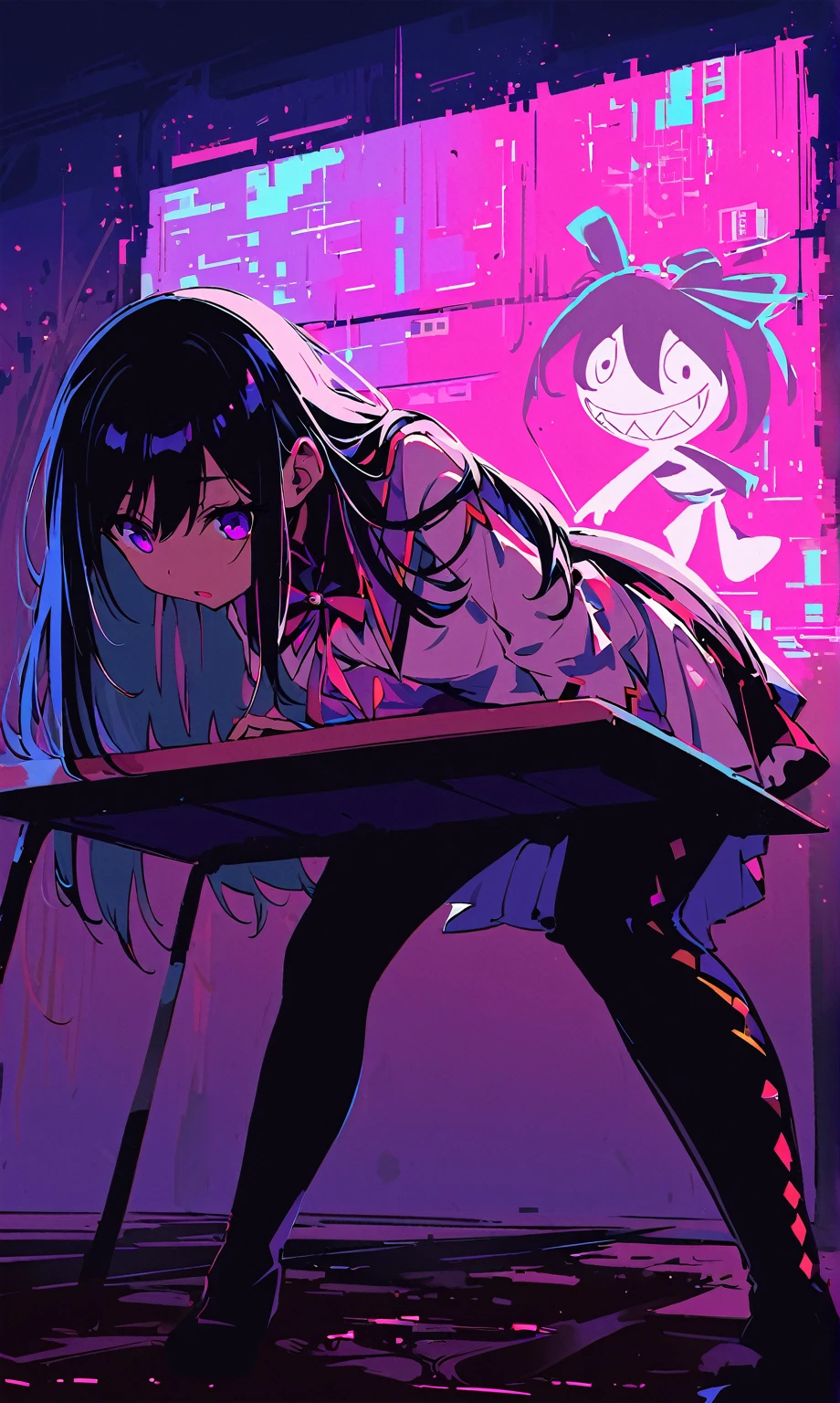 (highest quality:1.2),One girl,alone,homu，Magical Girl Clothes，boots，Purple eyes,Long Hair,Black Hair,bangs，Hair between the eyes,pixelated background,Neon Light,SF color scheme,Vibrant colors,Metallic texture,detailed shading,Holographic interface,Dark atmosphere,High Contrast,Sharp focus,twig of hair,Reflective surface,Exquisite detail,High resolution,Studio Lighting,Illuminated surroundings,Thick thighs,Beautiful Eyes, Beautiful background, beautiful and detailed body,Fine grain,classroom,Table Sex,Groin friction,Masturbation,A puddle of pussy juice,From below,Moaning,Open your mouth,arm_support,(Leaning forward:1.5),