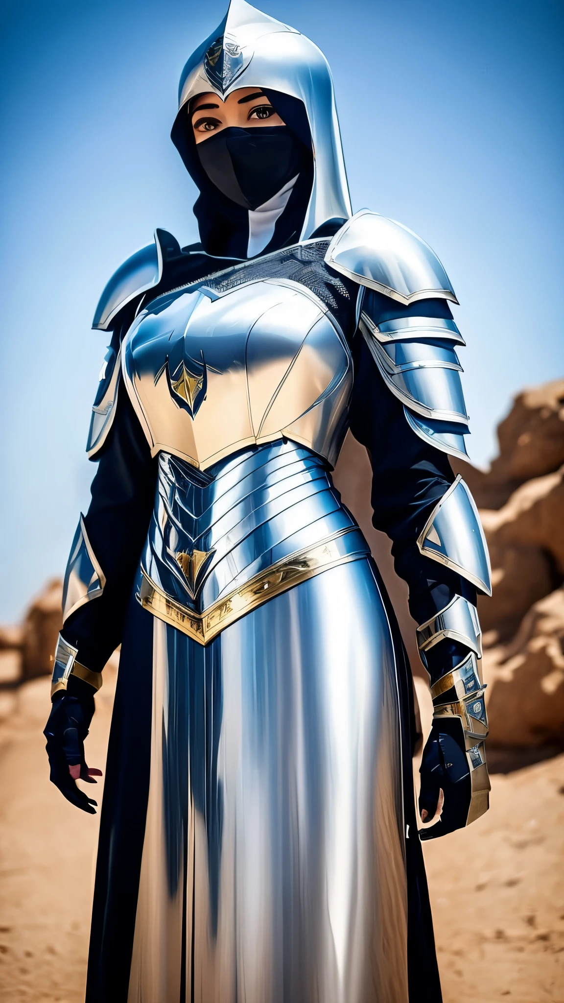 Paladin girl clad in a heavy armor set, her figure concealed by the layered protection. Beneath the armor, she dons a long sleeve white abaya, maintaining her modest attire. A black hijab gracefully covers her head, adding a striking contrast to her fortified appearance.