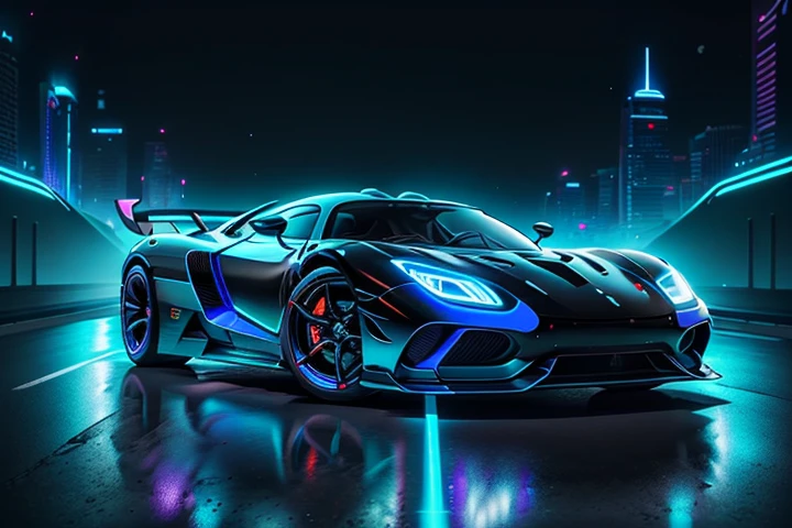 hot wheels toy with a futuristic theme background that looks natural and not edited, centered in the image, Black and White Hot Wheels 2020 Koenigsegg Jesko, retrowave. road, purple neon lights, (masterpiece,detailed,highres),