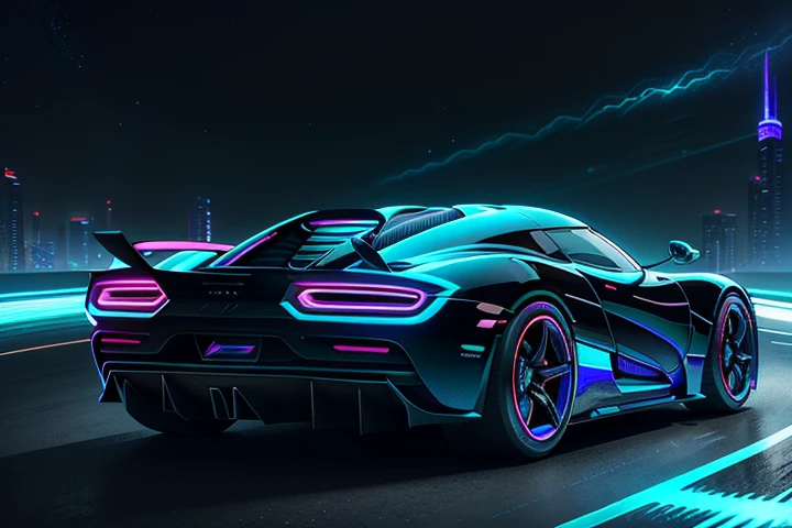 hot wheels toy with a futuristic theme background that looks natural and not edited, centered in the image, Black and White Hot Wheels 2020 Koenigsegg Jesko, retrowave. road, purple neon lights, (masterpiece,detailed,highres),