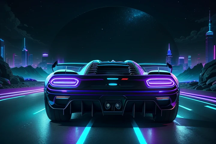 hot wheels toy with a futuristic theme background that looks natural and not edited, centered in the image, Black and White Hot Wheels 2020 Koenigsegg Jesko, retrowave. road, purple neon lights, (masterpiece,detailed,highres),