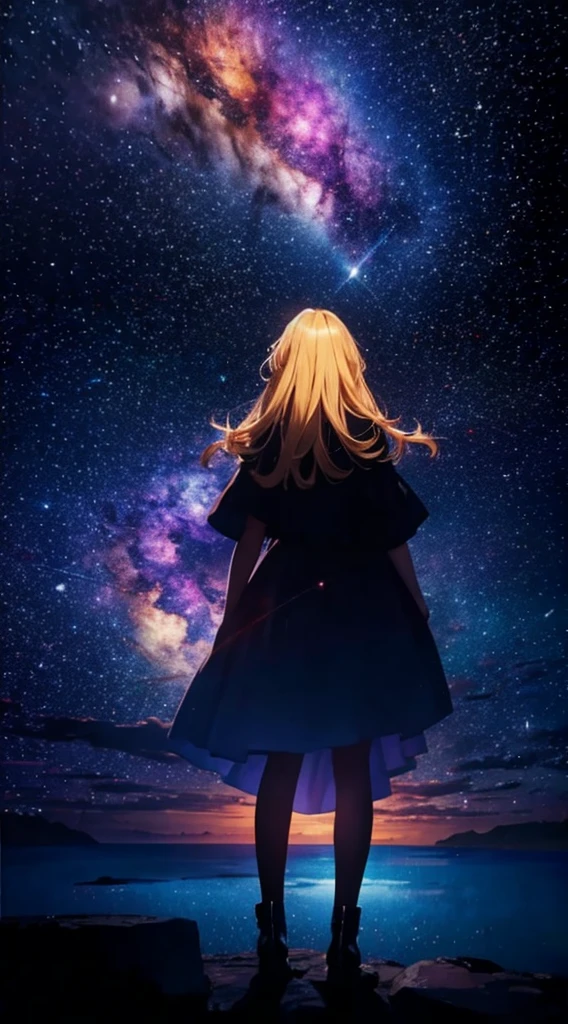 １people々々々々々々々々々,Blonde long-haired woman，Dress Silhouette， Rear View，Space Sky, The boundary between the sea and space，Anime Style, 