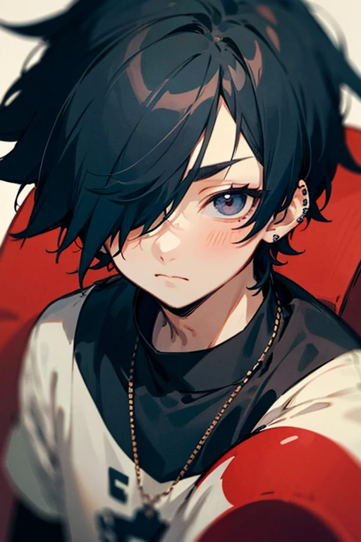 Cute anime innocent looking boy, looks a bit emo and punk, no piercings, black-maroonish hair covering one eye