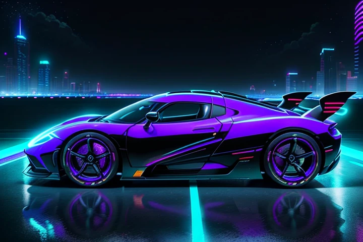 hot wheels toy with a futuristic theme background that looks natural and not edited, centered in the image, Black and White Hot Wheels 2020 Koenigsegg Jesko, retrowave. road, purple neon lights, (masterpiece,detailed,highres),
