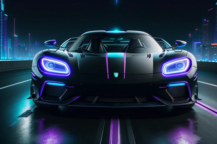 hot wheels toy with a futuristic theme background that looks natural and not edited, centered in the image, Black and White Hot Wheels 2020 Koenigsegg Jesko, retrowave. road, purple neon lights, (masterpiece,detailed,highres),