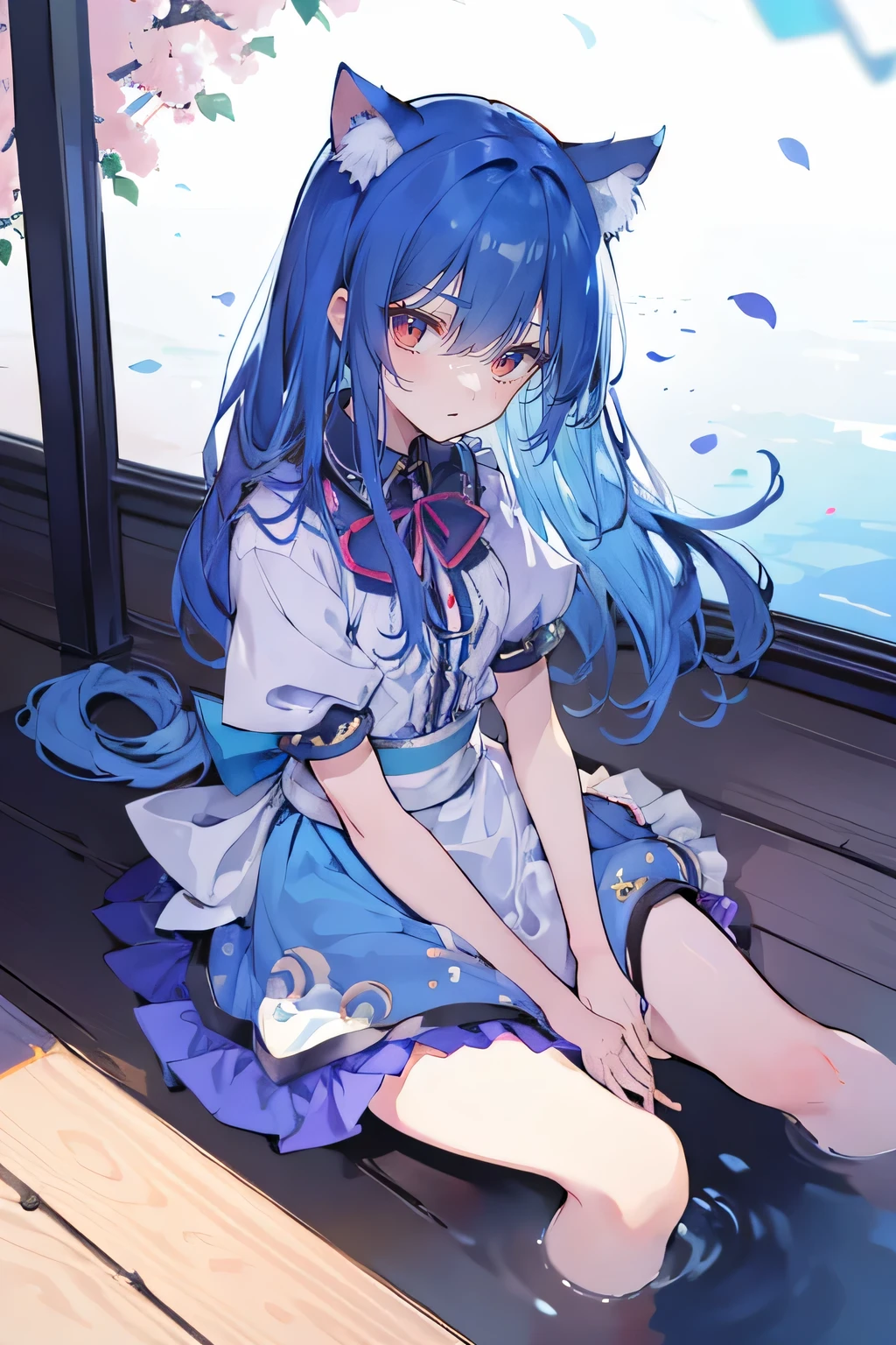 (masterpiece:1.2),ultra-detailed,realistic,expressive eyes,fair-skinned,perfectly shaped face,1girl,
Japanese cartoons,Gorgeous blue hair, flowing blue hair,floating clothes,cat ears,petals falling,beautiful Lola,Hina Angel,
hands on waist,gracefully sitting on the ground,legs crossed,gentle and serene background,cool and comfortable pavilion.