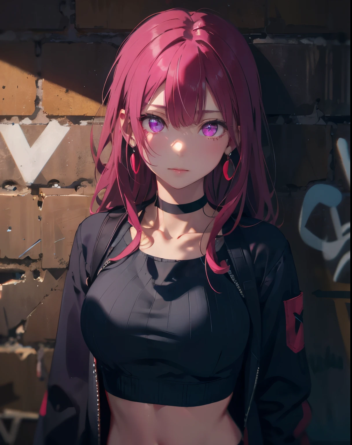 (masterpiece, best quality, 1girl, solo, intricate details, chromatic aberration), realistic, ((medium breath)),long hair, pink hair, red head ornament, pink highlights, hair over one eye,purple eyes, earrings, sharp eyes, choker, neon shirt, open jacket, crop top, (symmetry eyes),(perfect symmetrical body),against wall, brick wall, graffiti, dim lighting, alley ,look at viewer