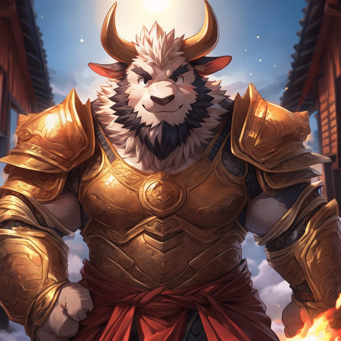 human nature, cannon, male, solitary, ((Round Face, Very plump face, thick beard)), ((endomorph body type, Handsome)), Chinese traditional clothing,(armor:1.5), ((domestic ox, ox) Fluffy fur, Fluffy), (In a wooden house), ,high quality,Bokeh, (high quality, high resolution, masterpiece), (Dynamic Lighting, Vibrant colors), (Generous smile), Front view (close up), cartoon, author:Takemoto Arashi, by zixiong, author:Chunni, author:Empty Ghost