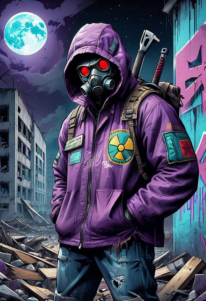 ((post apocalyptic Wasteland, abandoned place, rubble, destruction, destroyed buildings graffiti on walls:1.5)), ((Chernobyl, mutants, tattered clothes with hood and weapons, dynamic pose, epic:1.6)), ((background dark, full moon night:1.4)), (Masterpiece),(best quality:1.4), (Ultra-high resolution:1.4), detailed painting, (((Dark colors, red, purple and cyan, intricate, danger signs , radiation:1.5) ), (( post apocalyptic:1.4 )), (( best quality, vibrant, 32K, well-defined lights and shadows without text:1.3).