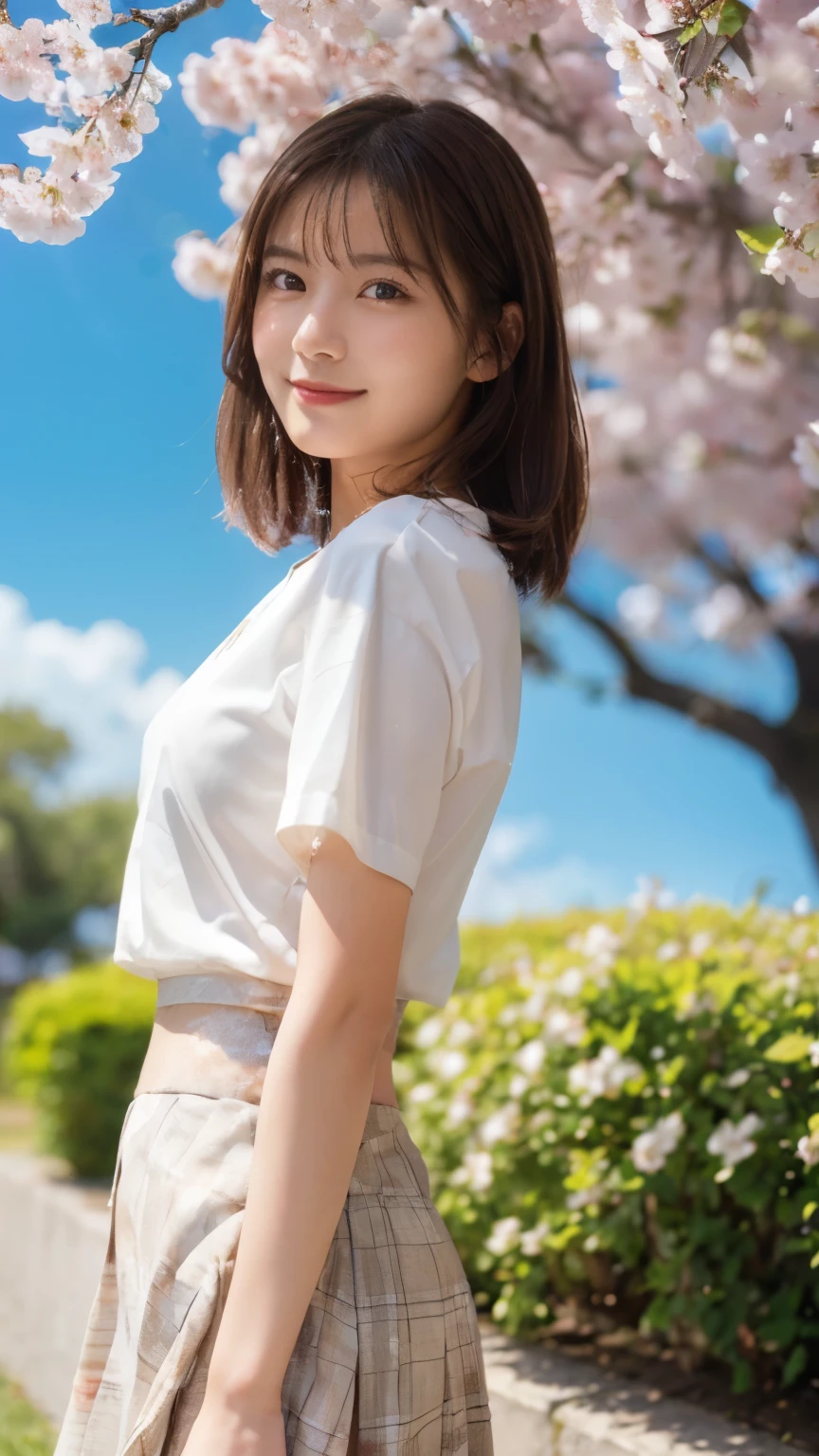 (best quality,masterpiece:1.3,Ultra-high resolution),(Ultra Detailed,Caustic lines,8k),(Reality:1.4,RAW Shooting),1 girl,Standing,(Smile),Staring at the camera,20 years old,Lovely,Japanese,Natural brown medium hair,(White shirt),Lime Green Flared Skirt,Glamorous,(Large target ),(Face focus),Shotgun,Grass,Cherry blossoms,Blue sky,sun,Natural light,Backlight,(lens flare),professional writing,(full-body shot),(Oblique composition:1.3),(low position:1.4),(Low Angle:1.4)