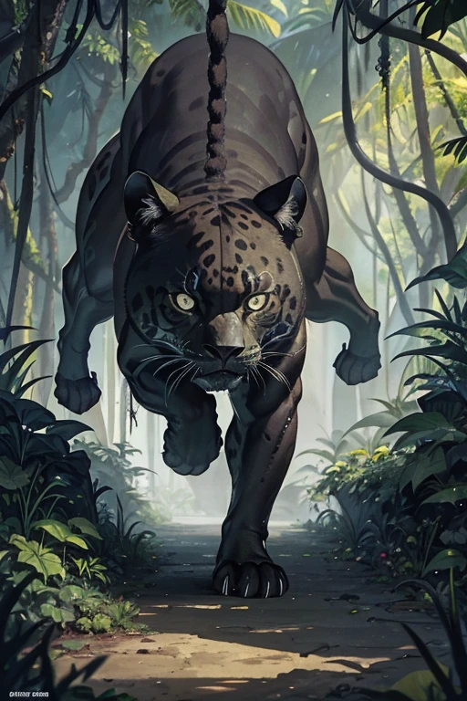 muscular black jaguar lurking in a lush rainforest, furious