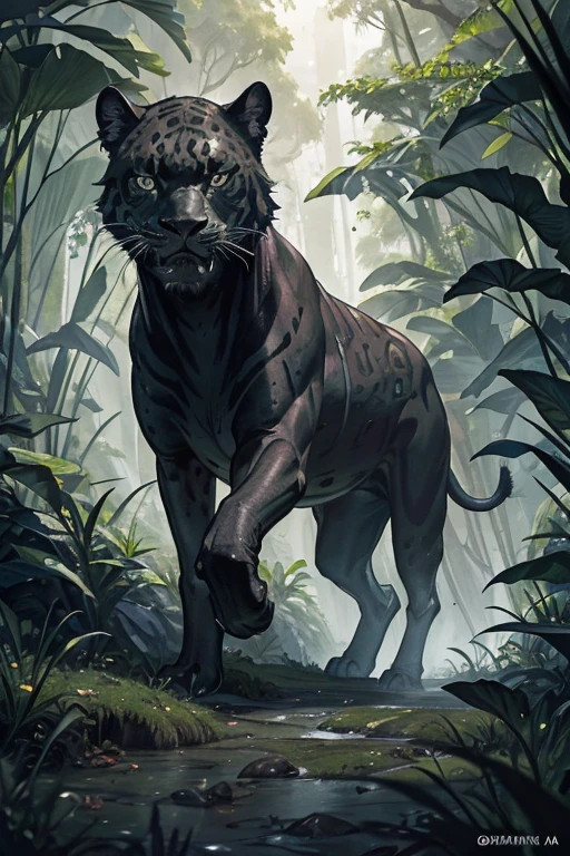 muscular black jaguar lurking in a lush rainforest, furious