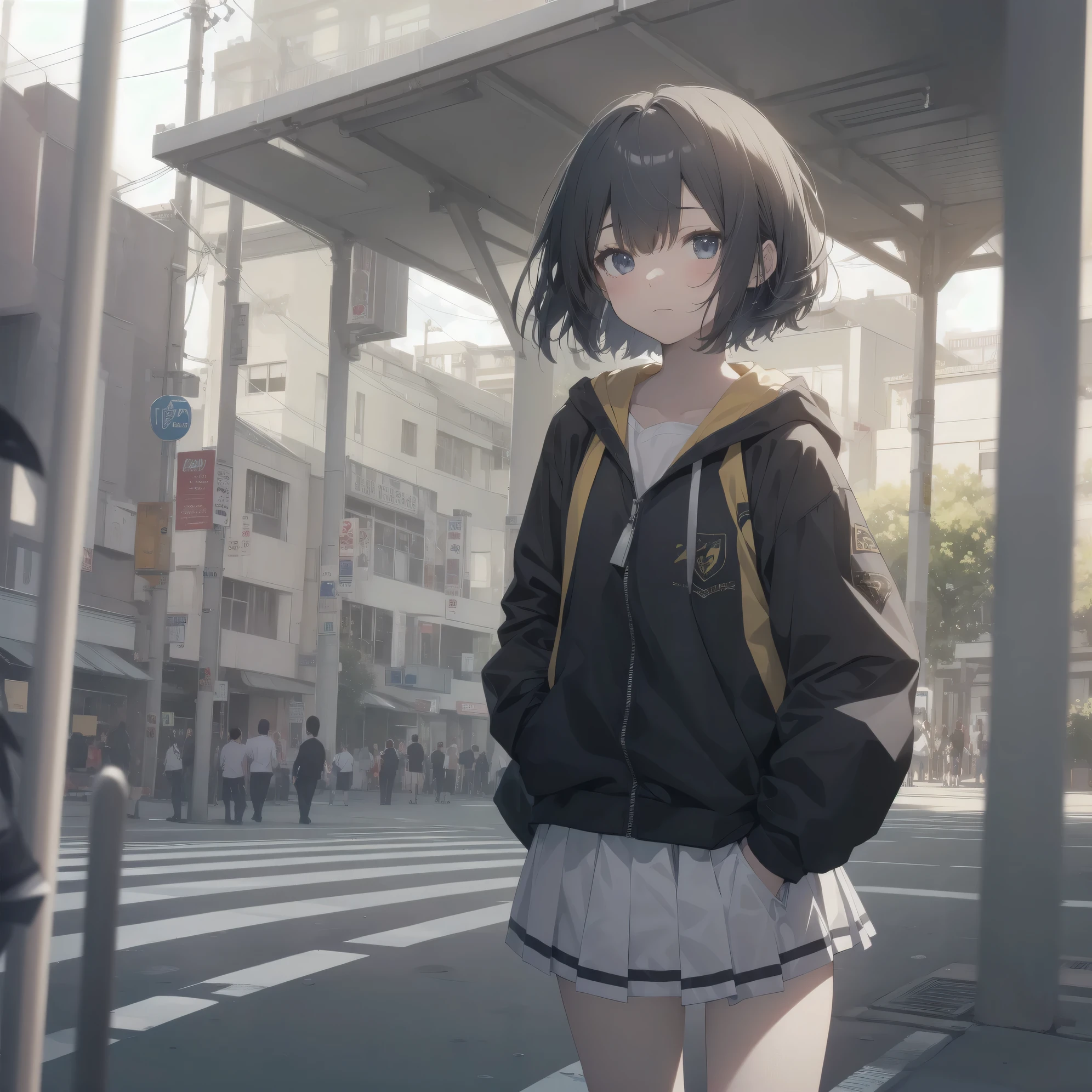 ultra-absurdres-Top quality by artist God, ultra-detailed, high resolution, anime moe artstyle, best anime 8k konachan wallpaper, pixiv contest winner,pool:2810, perfect ???????,break, 1girl, (Please draw a girl walking sleepily to school alone. )break,(Solo,little female, 13-year-old:1.3),Full limbs, complete fingers,a junior high school student, (very short hair), short cut, flat chest, , small butt, small black eyes, beautiful detailed eyes, well-proportioned iris and pupils, expressive eyes, highres detailed hair, soft expression, school_uniform, official_alternate_costume, pleated skirt,(Detailed Lighting), (Detailed background), in the School commute route. break,super detailed skin, Best cinematic lighting powered by famous artist, 8k,beauty illustration,photoshop_(medium),very aesthetic,break,((artist:ido_(teketeke))), artist:bolze ,artist:oyari_ashito ,artist:kantoku ,