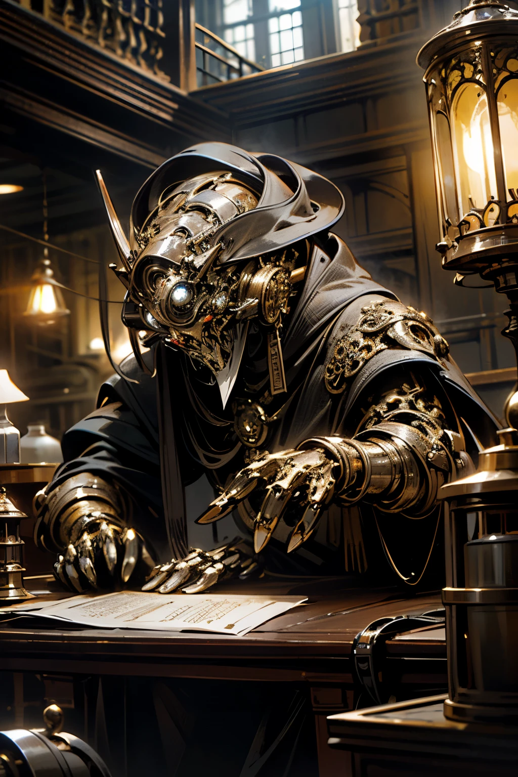 Create an image of a metallic insect, reminiscent of a dragonfly or beetle, blending the elements of metal punk and steampunk styles. This mechanical arthropod flaunts intricate mechanical details, such as gears and pistons, crafted from bronze and brass. Its exoskeleton boasts a semi-transparent finish, offering a glimpse into the intricate workings within. The scene is captured in a macro photography style, accentuating the reflective metallic surfaces and the interplay of light. The background, hazy and out-of-focus, depicts a Victorian workshop, complete with faded maps, old books, and dim, ambient oil lamp lighting. [