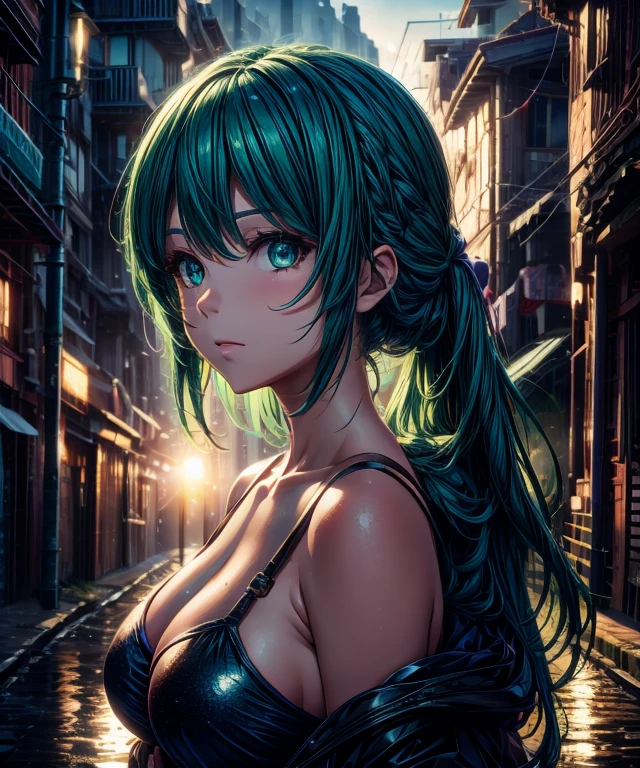 Best Quality, Masterpiece, Ultra High Resolution, (Realism: 1.4), Original Photo, 1Girl, Green Eyes, Off-the-Shoulders, Cinematic Lighting, Blue Hair, At Sunset