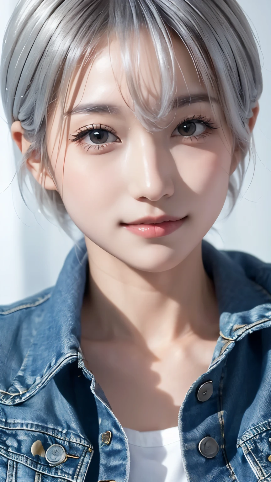 Realistic, masterpiece, highest quality, Highest Resolution, A portrait of a Japanese woman, depicting only the upper body, portrait background, A happy smile, slightly turned to the side, Always watching the audience, Beautifully detailed eyes, Dark Eyes, Looks sleepy, Sparkling eyes, (hidden creased eyelids:1.2), Thin eyebrows, Carefully draw eyelashes, Natural Makeup, (short hair, Silver Hair:1.3), Detailed face, (Close up on face:1.3), ((Denim Jacket), Pure white shirt)