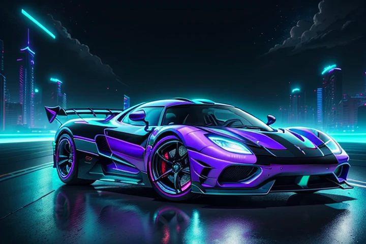 hot wheels toy with a futuristic theme background that looks natural and not edited, centered in the image, Black and White Hot Wheels 2020 Koenigsegg Jesko, retrowave. road, purple neon lights, (masterpiece,detailed,highres),
