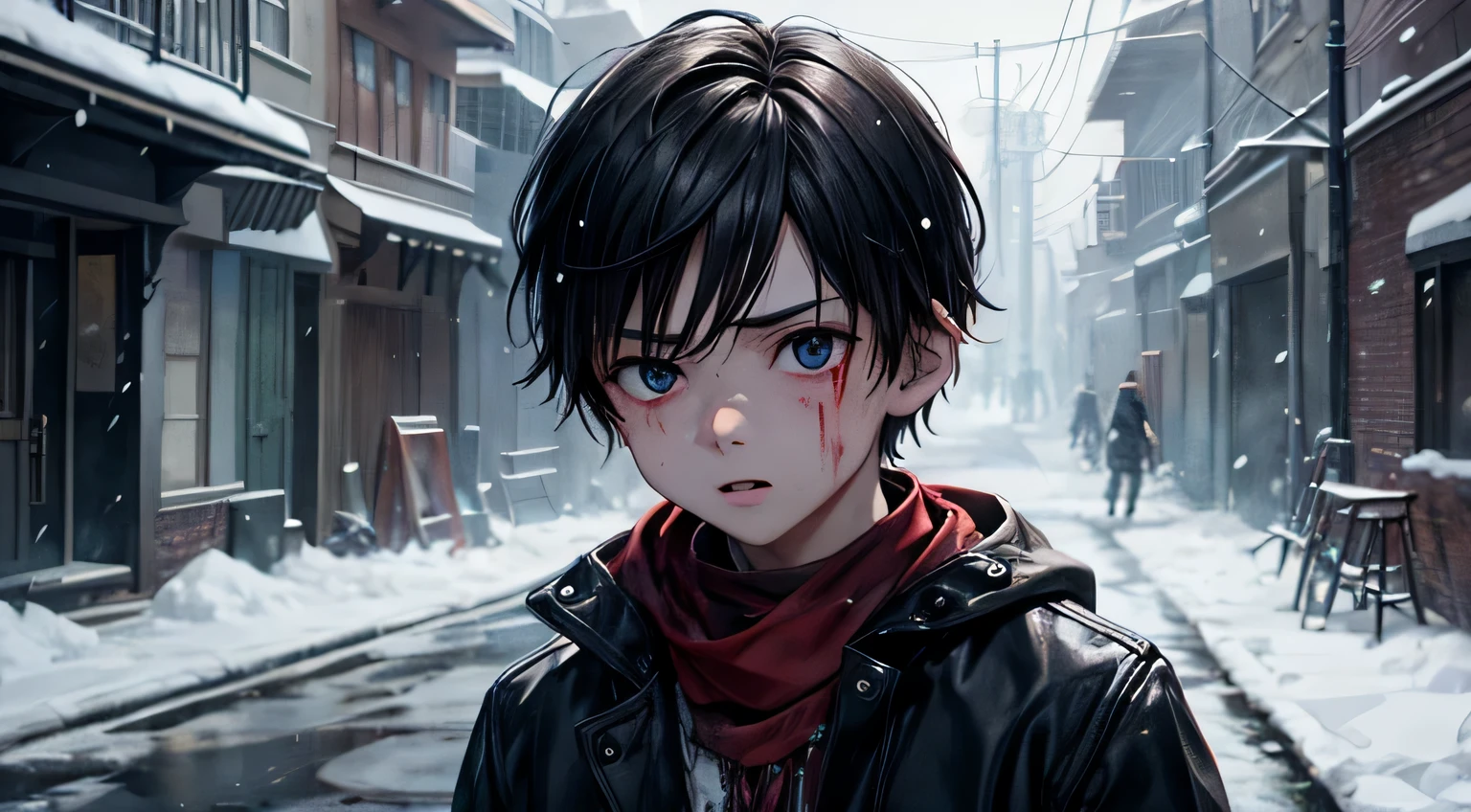 Alley Dirty appearance Bloody Face Bloody clothes Shivering from the cold It's snowing The rats are boiling Detailed facial expression depiction Detailed depiction of clothing