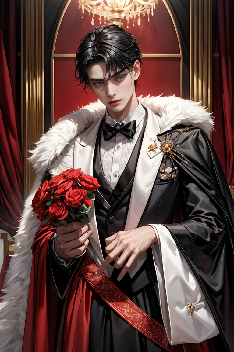 
masterpiece, 最high quality, high quality, 1 boy, alone, male focus, looking at the viewer, whole body, Winning spirit_destiny, Messy black hair, blue adorable big eyes, white people, Noble, Noble, noble vampire、An elegant tuxedo,A very large, very tall stand-up collar, a very large, very long, long cape that reaches down to the floor, made of a lot of fabric, red and black., 17 years old,cute beautiful boy,cute cute handsome boy