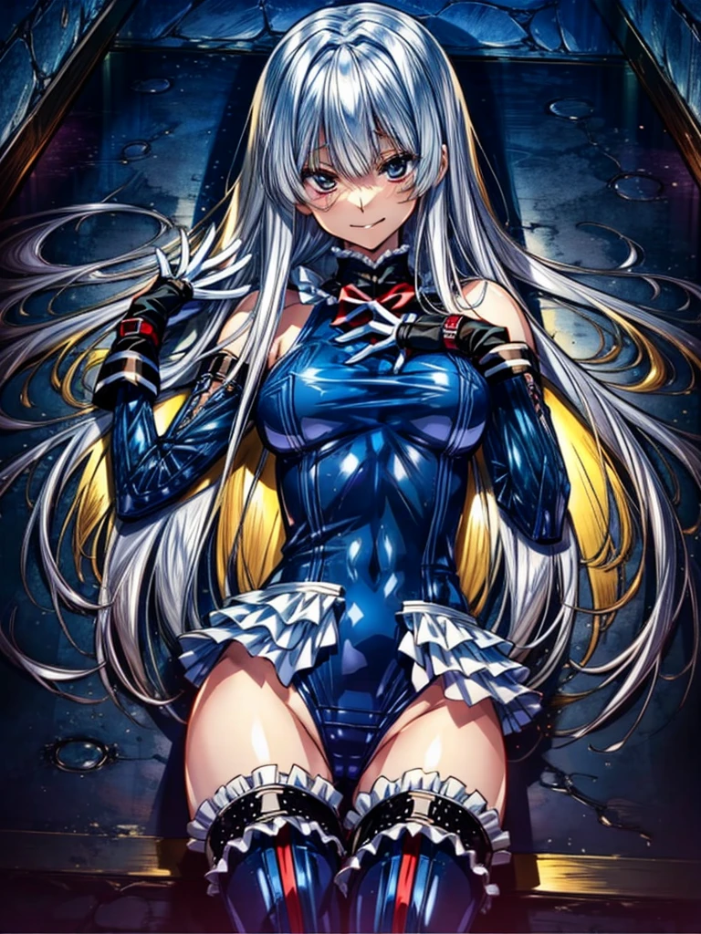 Perfect Anatomy, highest quality, marierose,look at me lovingly,Provocative attitude
,(Dimly lit basement:1.1),Wicked Smile,Anime Style,(Frilled swimsuit, Knee socks, Removed sleeve), (Anime Style:1.4) ,
Silver Hair,(White fingers:1.1,Black gloves),Very long hair,Evil Aura,Rape Eye,