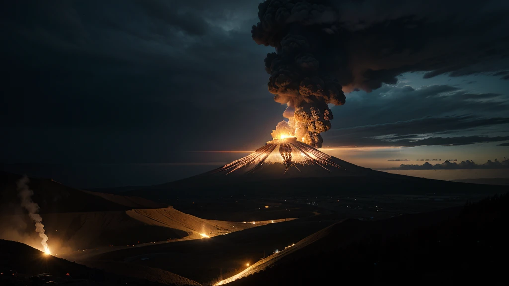 Super detailed, hyper realistic, RGB, 16k, volcano eruption, thunderstorm, gloomy looks, terrifying looks