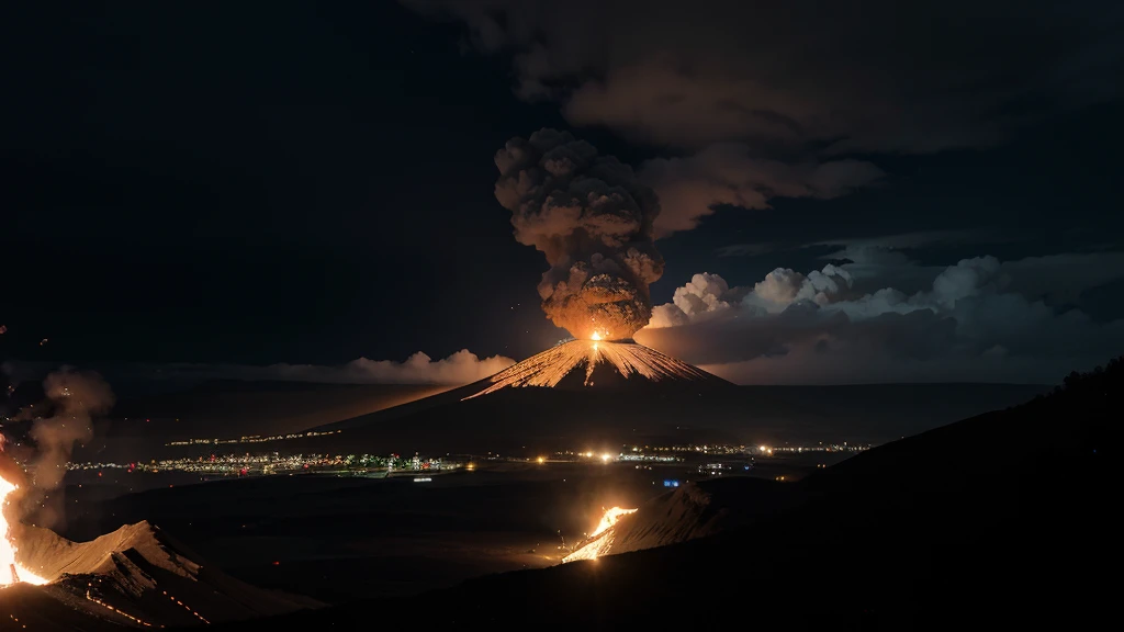 Super detailed, hyper realistic, RGB, 16k, volcano eruption, thunderstorm, gloomy looks, terrifying looks