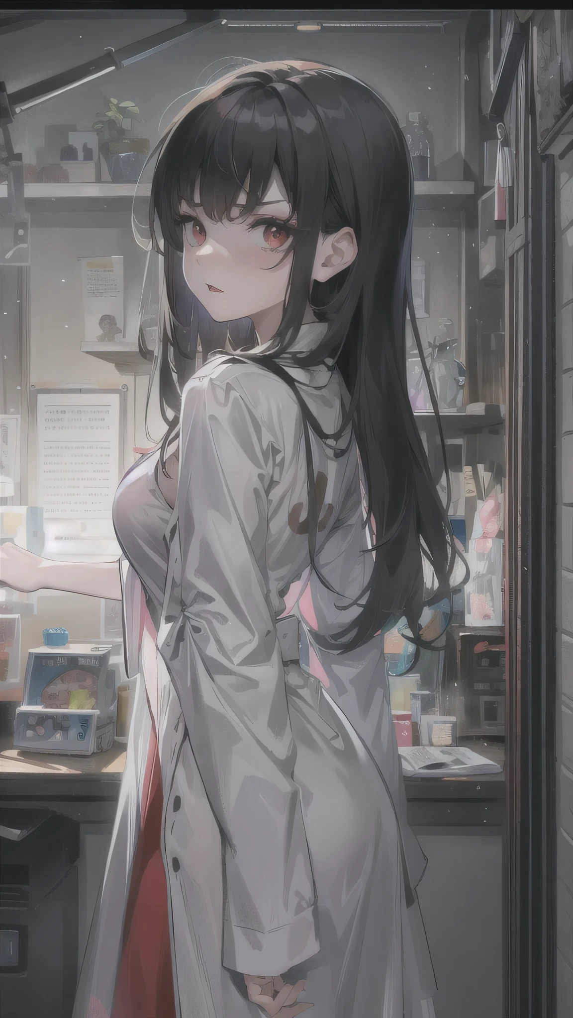 (perfect anatomy, masterpiece:1.4, best quality, 16k), (in the night First aid station bedroom), break, (looking down low angle), (standing), (angry face:1.5 solo:1.3 straight black hair long hair femdom cute girl, 18 yo, detailed red eyes, big breasts), break, (in a night robe),.