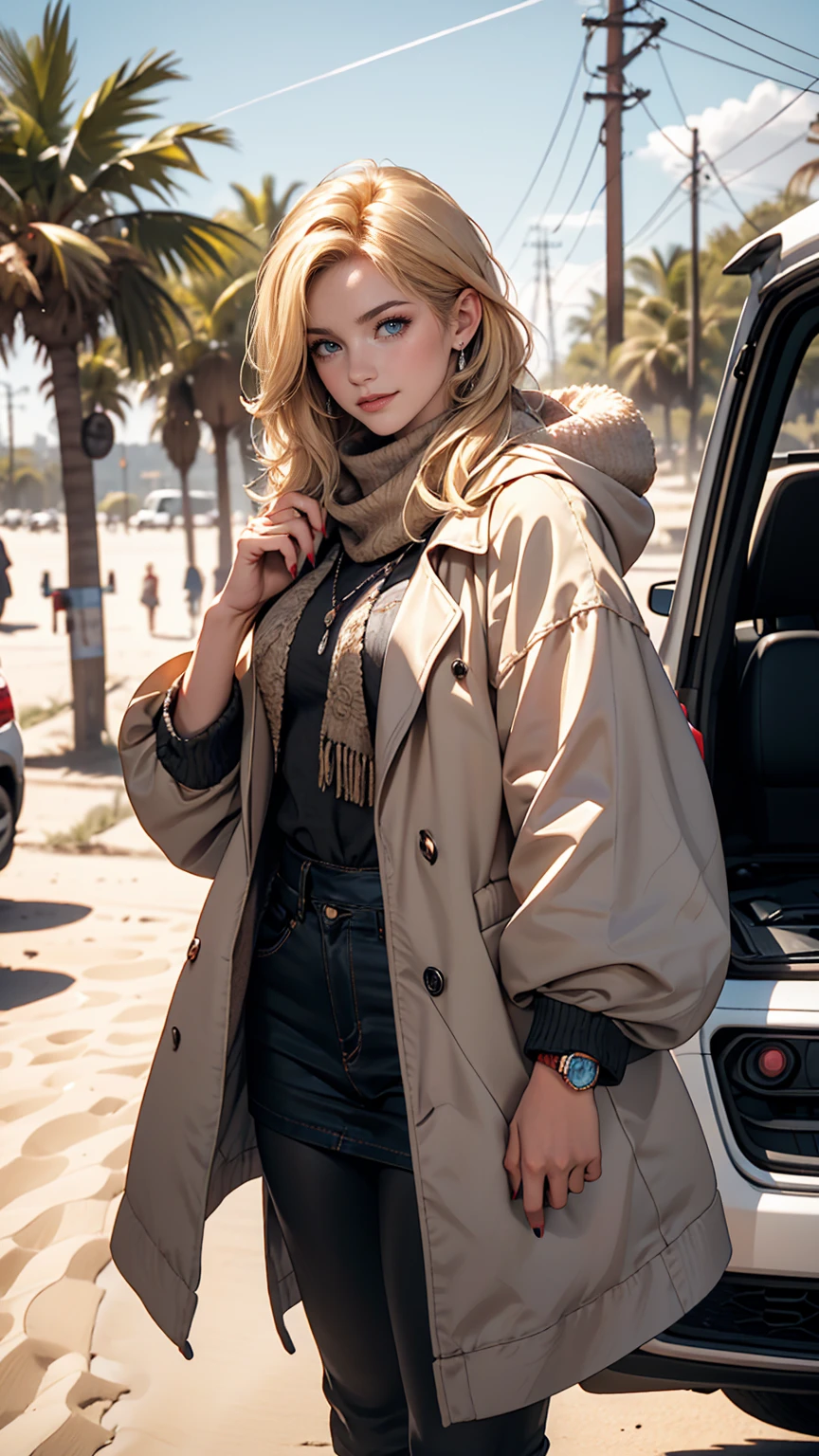 ((最high quality, 8K, masterpiece: 1.3, Ultra HD, high quality, 最high quality, High resolution, realism)) 、25-year-old Caucasian female、Platinum Blonde、blue eyes、long hair、Hair above one eye、smile、slender、A voluptuous, feminine body、I want my head to stay off screen、Wear accessories on your wrist、Wearing red nail polish、I have a peticure、(High saturation:1.0), (Highly detailed skin), (最high quality:1.0), (超High resolution:1.0) ,(Realistic:1.0), (Very detailed:1.0), (8K, Raw photo:1.1), I'm in the desert with sand dunes stretching as far as the eye can see.、Wear a thick coat、Put on the hood、Wrap a mesh scarf around your neck、Cover your mouth with a scarf、Wear lace-up boots、An SUV stops a short distance away.、Ruts remain behind the car、The car is dirty with dust、The strong sunlight shines down