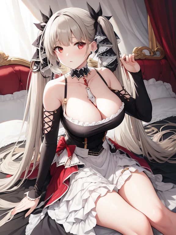 (masterpiece, best quality1.2),illustration,8k,hd,1girls,solo,hand up,(portrait:1.2),long_hair,large_breasts,red_eyes,very_long_hair,bangs,twintails,ribbon,grey_hair,cleavage,hair_ribbon,two-tone_ribbon,between_breasts,black_dress,dress,frills,bare_shoulders,frilled_dress,long_sleeves,two-tone_dress,jewelry,earrings,on the bed