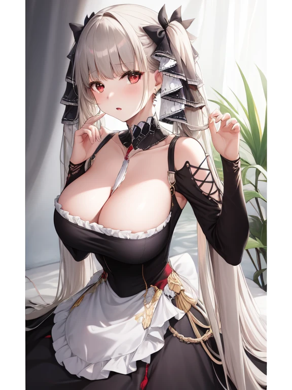(masterpiece, best quality1.2),illustration,8k,hd,1girls,solo,hand up,(portrait:1.2),long_hair,large_breasts,red_eyes,very_long_hair,bangs,twintails,ribbon,grey_hair,cleavage,hair_ribbon,two-tone_ribbon,between_breasts,black_dress,dress,frills,bare_shoulders,frilled_dress,long_sleeves,two-tone_dress,jewelry,earrings,on the bed