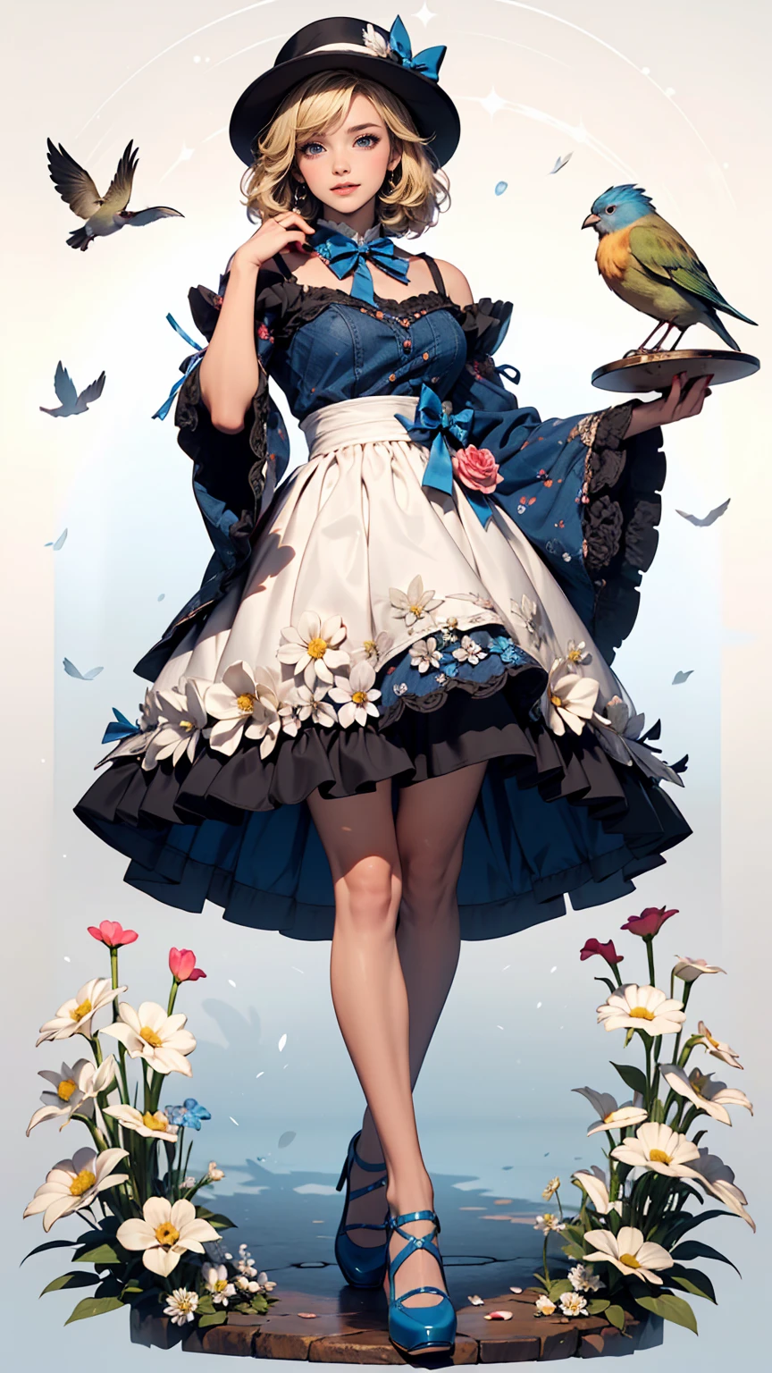 uekura, One girl, Blonde, White Background, Have, dress, Blue footwear, wing, Simple Background, sign, flower, Manicure, Wide sleeves, Long sleeve, blush, animal, white flower, alone, whole body, bird, View your viewers, High heels, Put your hand on your cheek, put your hand on your face, Frills, bow, bangs, ribbon, Bell, Blue hat, +_+, shoes下, short hair, Grey Eyes, shoes, Blue Claws, feathered wing, blue bow