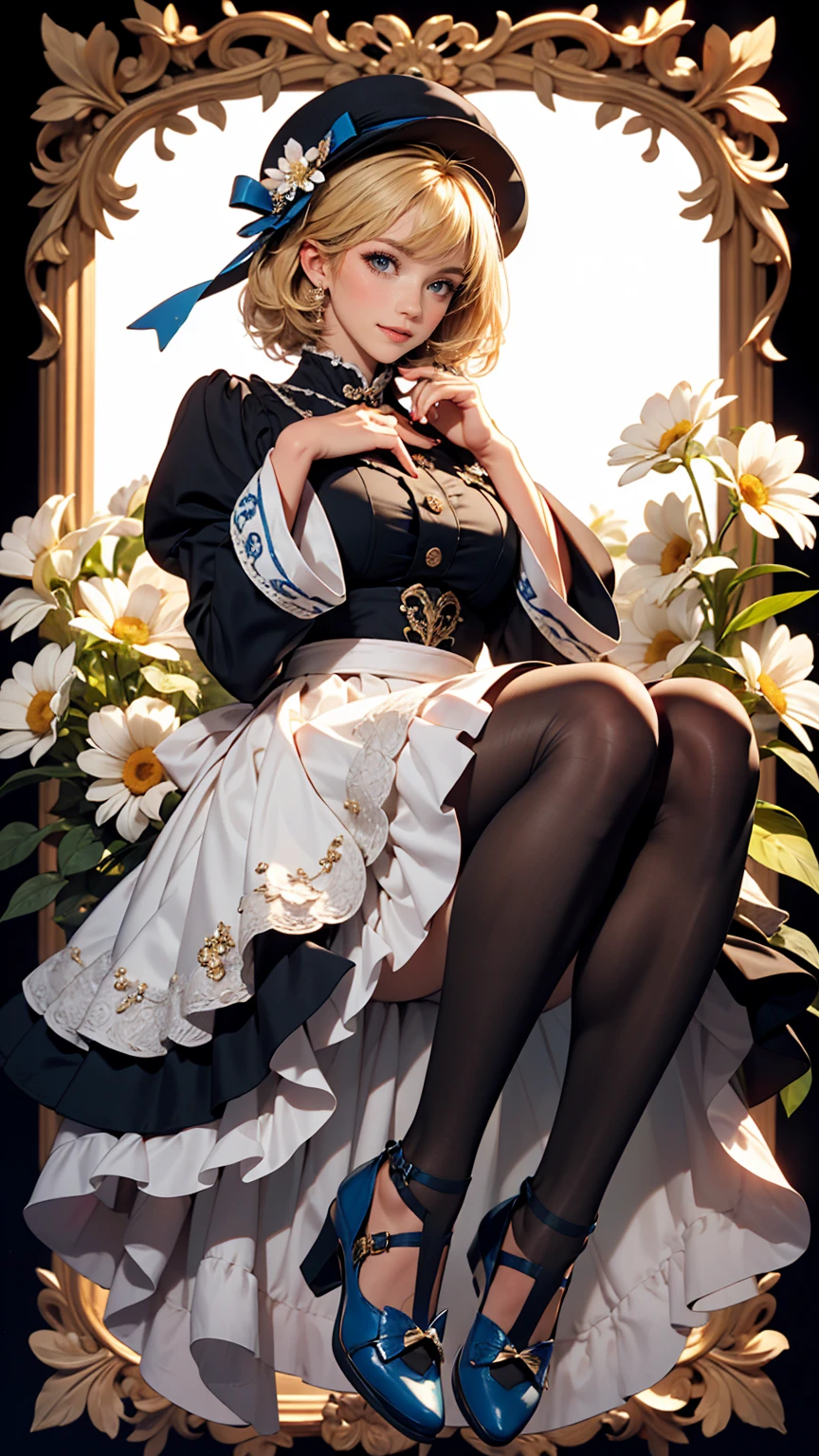 uekura, One girl, Blonde, White Background, Have, dress, Blue footwear, wing, Simple Background, sign, flower, Manicure, Wide sleeves, Long sleeve, blush, animal, white flower, alone, whole body, bird, View your viewers, High heels, Put your hand on your cheek, put your hand on your face, Frills, bow, bangs, ribbon, Bell, Blue hat, +_+, shoes下, short hair, Grey Eyes, shoes, Blue Claws, feathered wing, blue bow