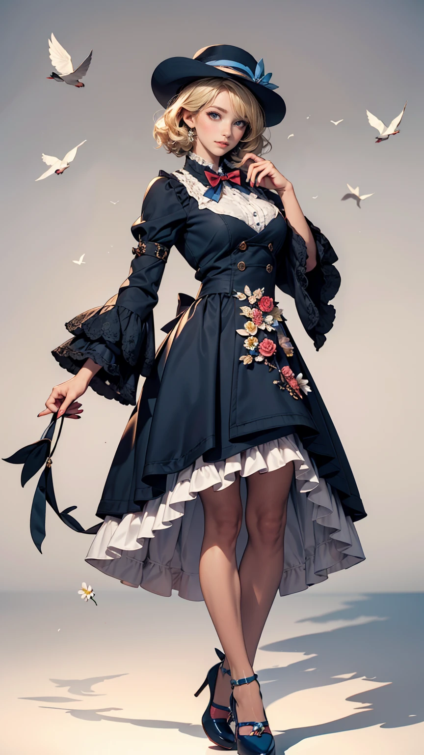 uekura, One girl, Blonde, White Background, Have, dress, Blue footwear, wing, Simple Background, sign, flower, Manicure, Wide sleeves, Long sleeve, blush, animal, white flower, alone, whole body, bird, View your viewers, High heels, Put your hand on your cheek, put your hand on your face, Frills, bow, bangs, ribbon, Bell, Blue hat, +_+, shoes下, short hair, Grey Eyes, shoes, Blue Claws, feathered wing, blue bow