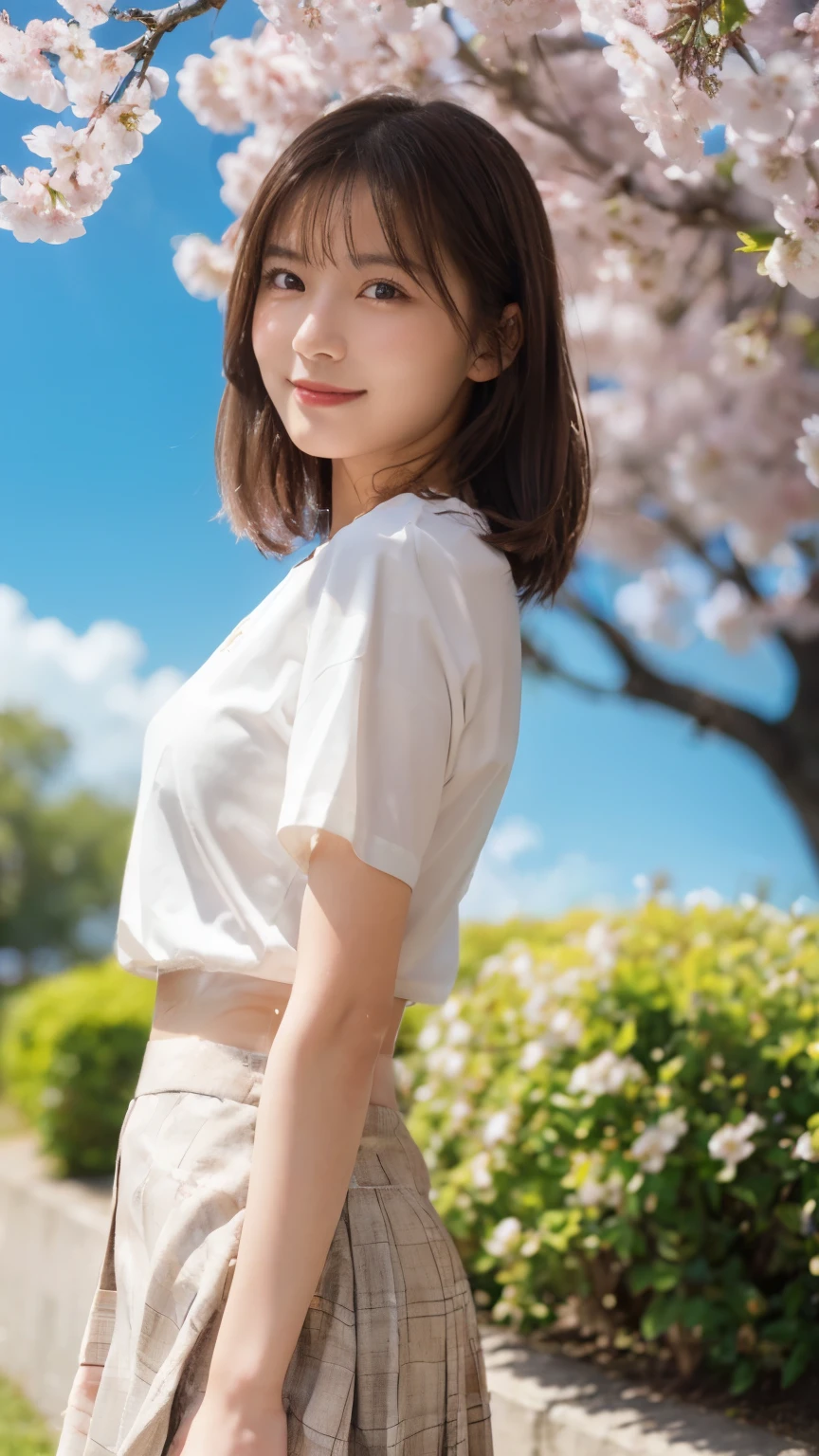 (best quality,masterpiece:1.3,Ultra-high resolution),(Ultra Detailed,Caustic lines,8k),(Reality:1.4,RAW Shooting),1 girl,Standing,(Smile),Staring at the camera,20 years old,Lovely,Japanese,Natural brown medium hair,(White shirt),Lime Green Flared Skirt,Glamorous,(Large target ),(Face focus),Shotgun,Grass,Cherry blossoms,Blue sky,sun,Natural light,Backlight,(lens flare),professional writing,(full-body shot),(Oblique composition:1.3),(low position:1.4),(Low Angle:1.4)