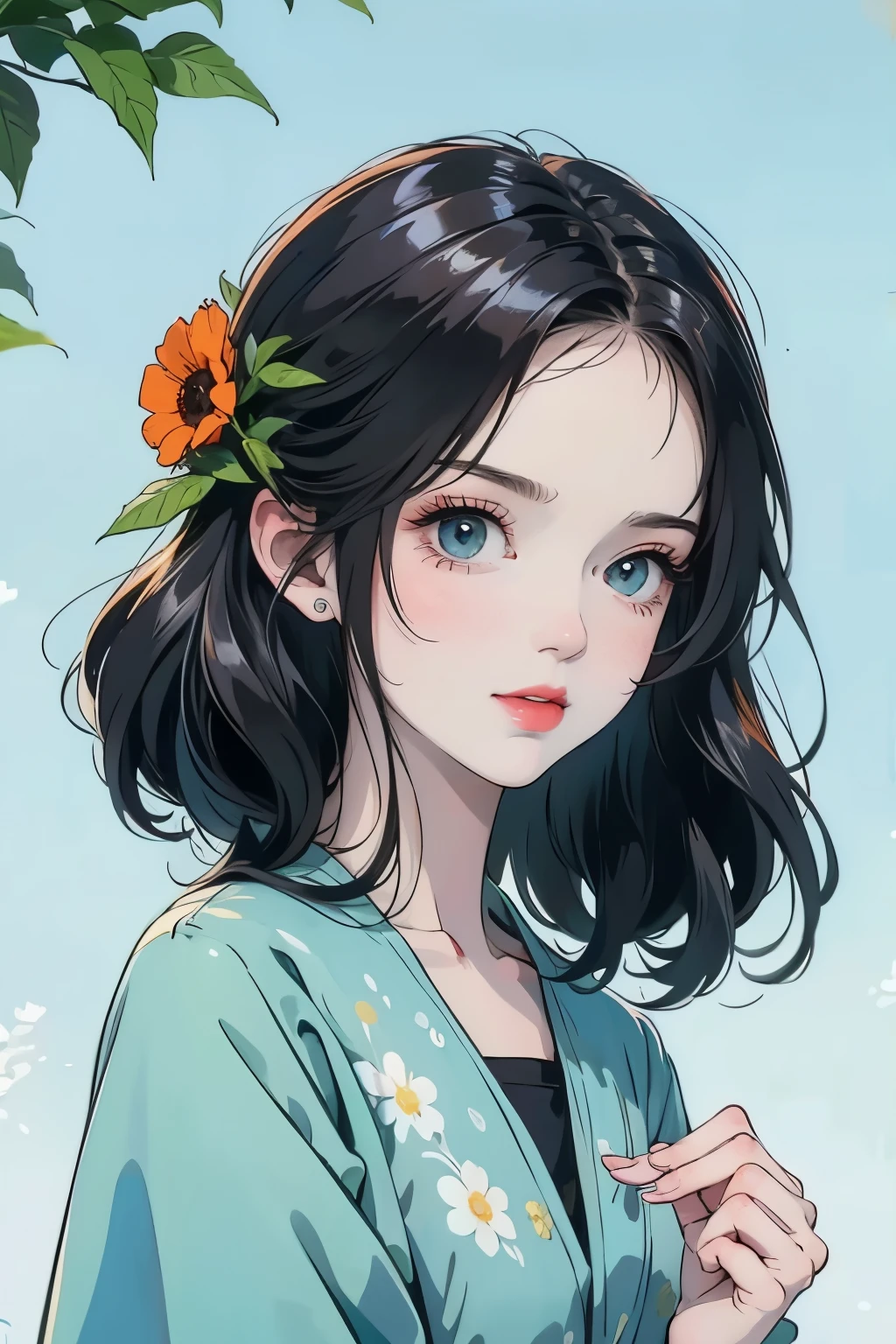 color,girl ,Coffee cup,Cat,Black Hair,Simple drawing method、green,blue,Orange collage,green植物,A small number of flowers,Clean background