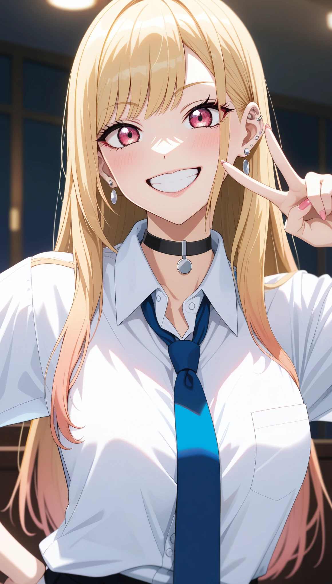 score_9, score_8_up, score_7_up, intricate details,
1girl, kitagawa marin, sono bisque doll wa koi wo suru, blonde hair, red eyes, ear piercing, barbell piercing, black choker, collared shirt, white shirt, earrings, blue necktie, grin, v,