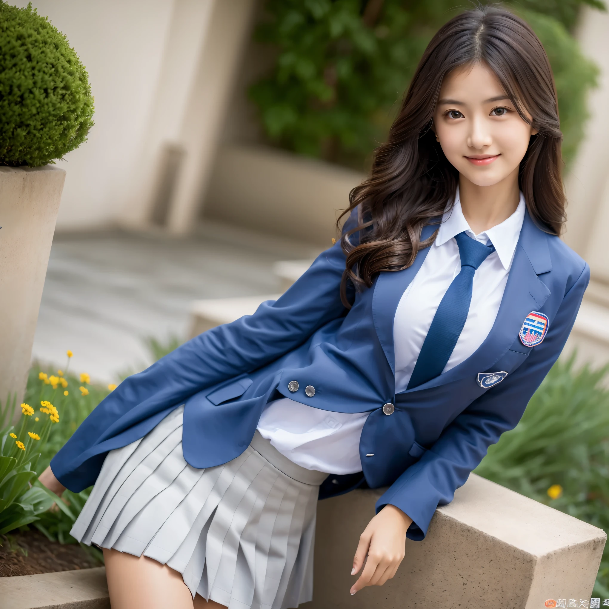 8k, highest quality, live-action, Intricate details, Ultra-detailed, 超A high resolution, Depth Field,(Realistic,Realistic:1.2),Tabletop , Front shot , From the center ,
One Girl, AI_Chan, Very beautiful 17 year old girl, Innocent big eyes,、Beautiful breasts:1.5、Ultra-detailed目:1.2)、(Beautiful breasts:1.1)、Wavy Hair、Curly Hair、Bans、, Perfect Skin, Fair skin, Huge breasts, Cleavage, Tight waist, Lightly reddish, alone, View your viewers, Light Smile,
 ((School_uniform),(Dark Blue Blazer),  (White shirt、Wear a tie), (Grey pleated skirt), 
(Sculpture Pose :1.1)