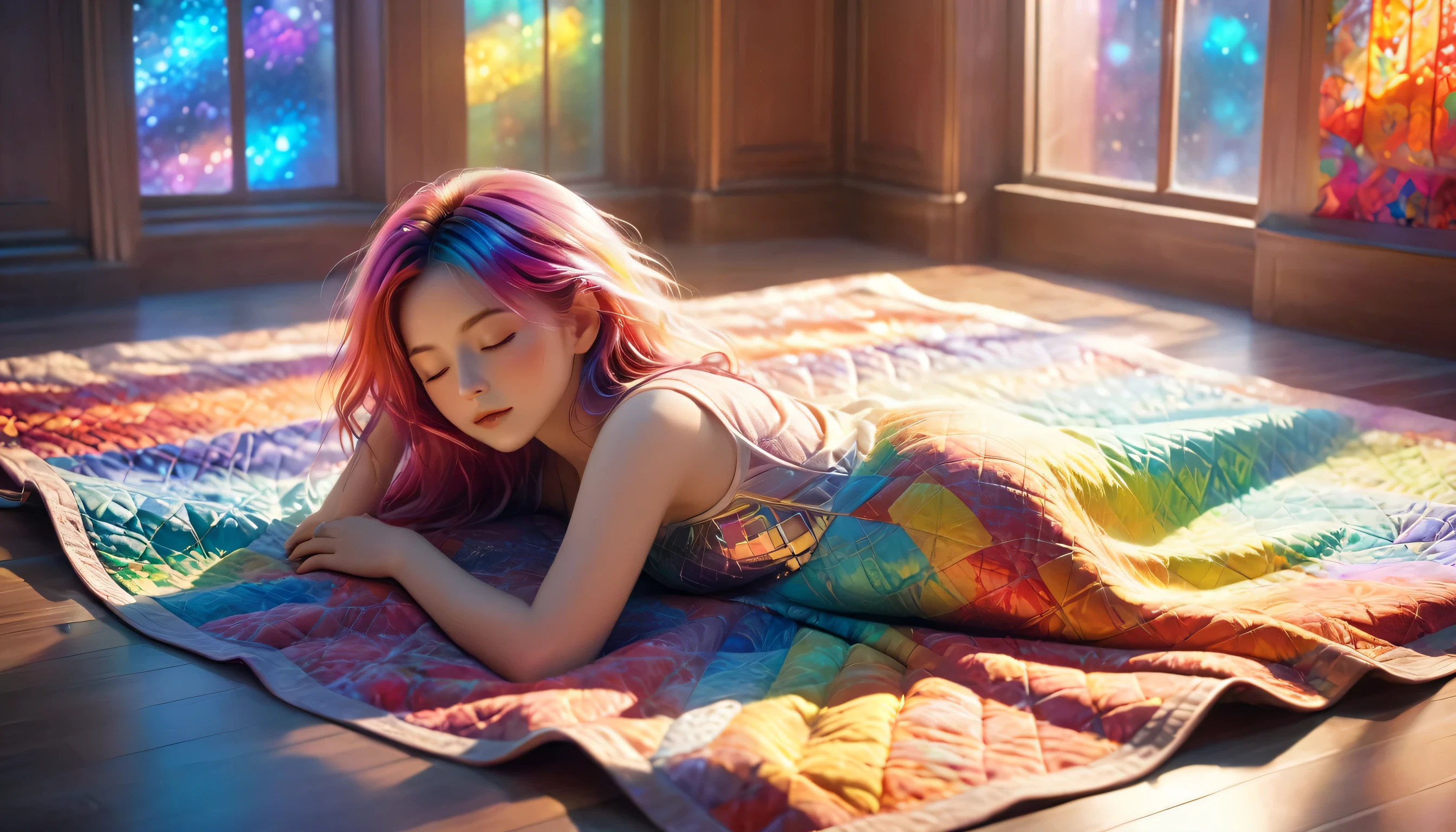 {{masterpiece}}, best quality, Extremely detailed CG unified 8k wallpaper, Movie Lighting,, A woman lying on the floor,The body is covered with a quilt,Sleep with eyes closed,Huge window behind, A quiet night. , multi color hair, (Colorful hair:1.5),