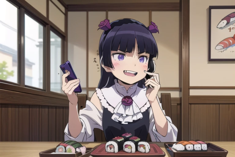 (ruri gokou), masterpiece, highest quality, One girl, alone, Hime cut, Gothic ****ta, ****ta Fashion, head band,restaurant,open mouth,tongue,food,makizushi,seafood,smirk,eating,laughing,constricted pupils,evil grin,shouting,(((indoors,sushi, food, smartphone, talking on phone,holding phone))),