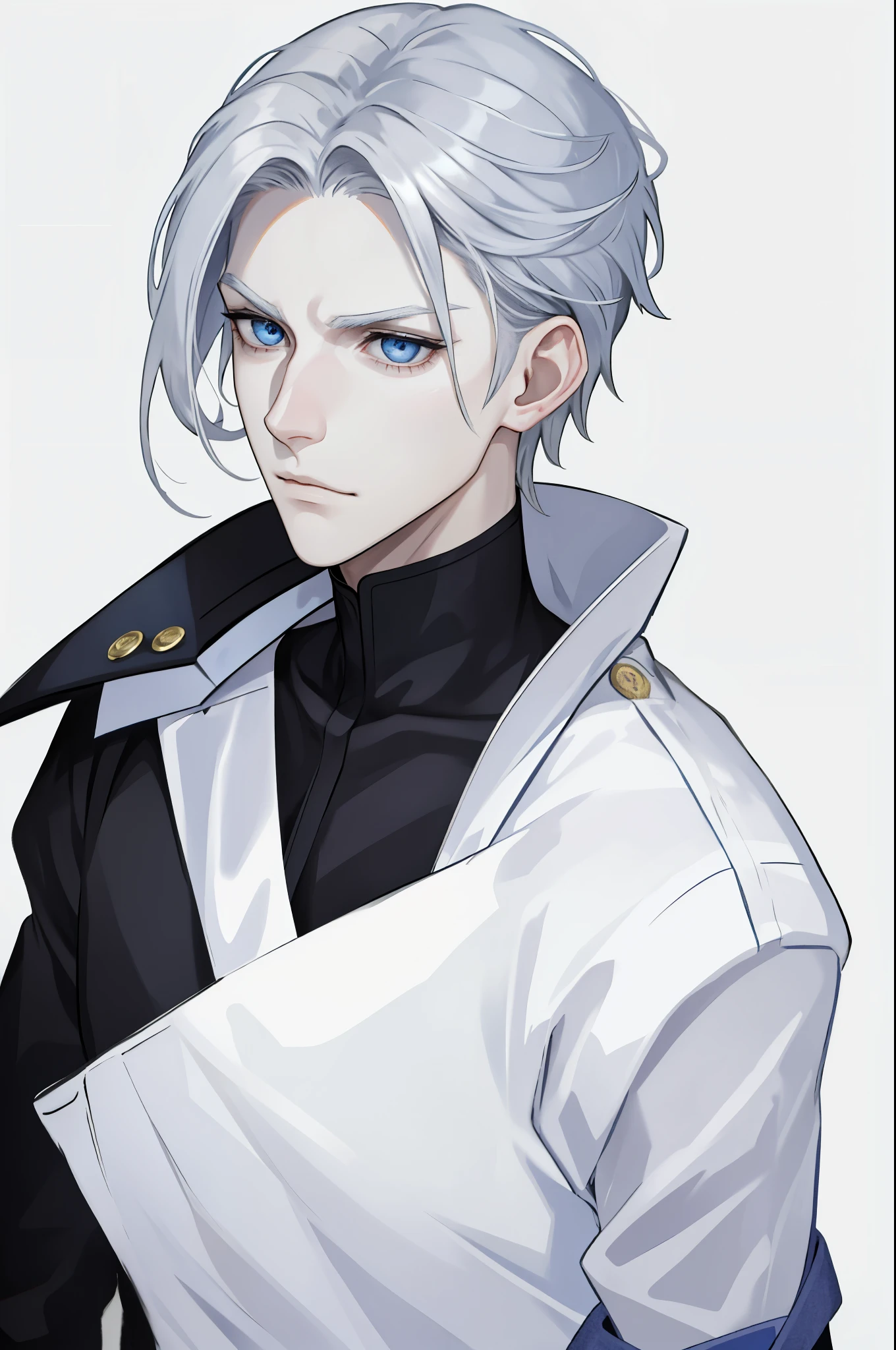 Boy, silver hair, blue eyes, sharp, serious features, white skin, faint smile, black shirt