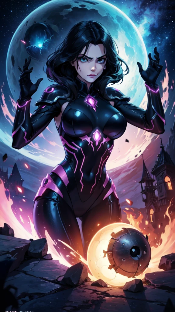 photo, portrait, intimidating Woman floating [a discovery of a wormhole leads to new worlds|a cursed prince must marry a monster], [scifi:fantasy:0.6] cinematic Lighting