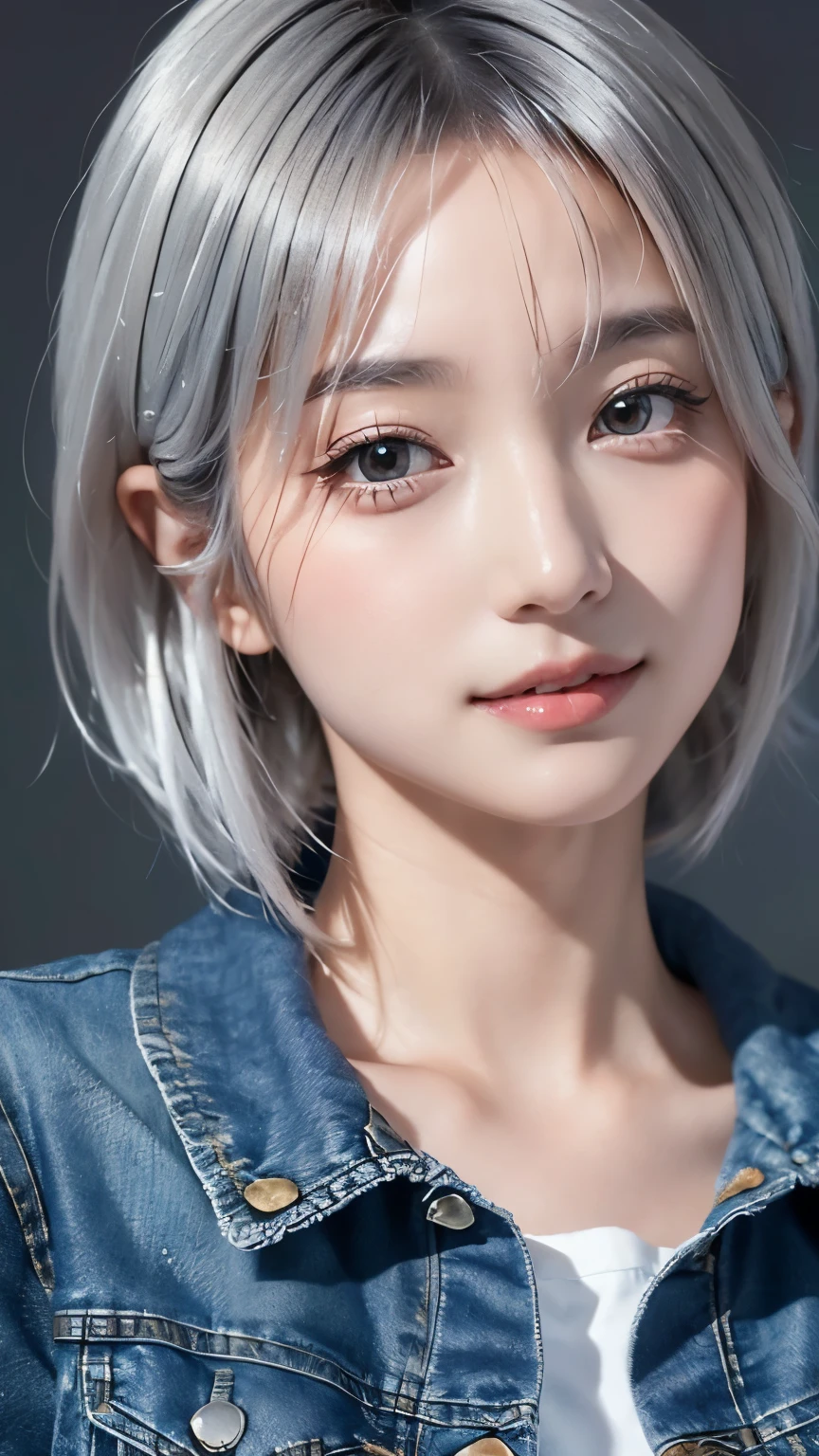 Realistic, masterpiece, highest quality, Highest Resolution, A portrait of a Japanese woman, depicting only the upper body, portrait background, A happy smile, slightly turned to the side, Always watching the audience, Beautifully detailed eyes, Dark Eyes, Looks sleepy, Sparkling eyes, (hidden creased eyelids:1.2), Thin eyebrows, Carefully draw eyelashes, Natural Makeup, (short hair, Silver Hair:1.3), Detailed face, (Close up on face:1.3), ((Denim Jacket), Pure white shirt)