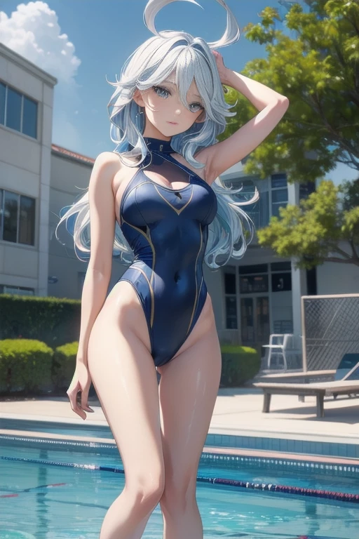 very cute and beautiful girl,Furina,tall,(highly detailed beautiful face and eyes:1.2),blue school swimsuit, standing,stylish pose,looking at viewer,pool side,distant school building,dynamic angle,(long and beautiful legs:1.2) (best quality,masterpiece:1.2),highres,extremely detailed,solo, hair fluttering in the wind,beautiful detailed sky,(realistic),perfect hands,sexy