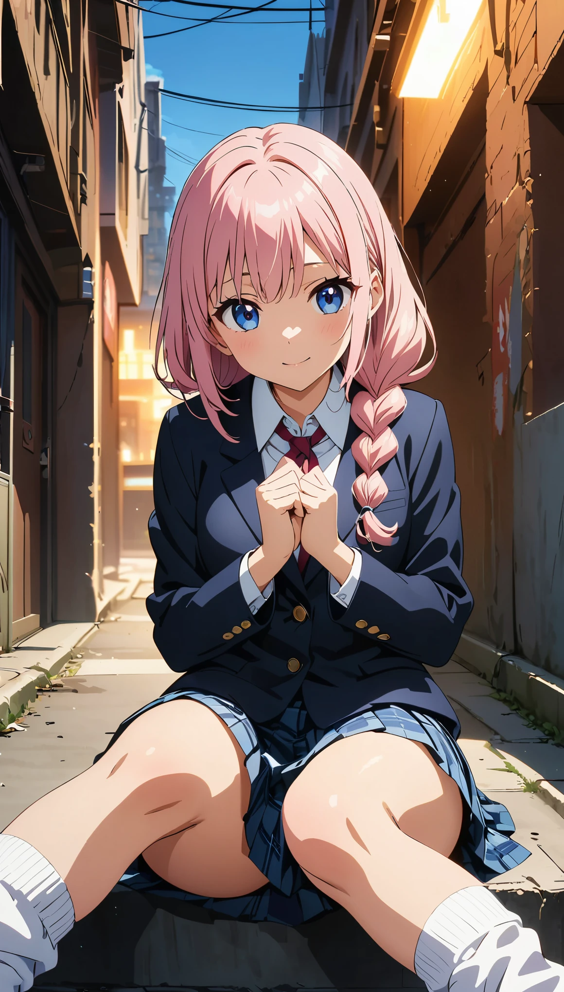 (highest quality:1.2, Anime artwork, Anime Style, Studio Anime, Very detailed, Latest, Vibrant, Anime Coloring, High Contrast, masterpiece:1.2, highest quality, Best aesthetics), Blue plaid pleated skirt:1.5, Red tie:1.5, Black blazer, (Private School Uniforms), Beautiful thighs, loose socks, Pink Hair, low-braided long hair, Perfect body line, Skin with attention to detail, cute, Detailed face, Sitting, Open your hands, alley, stage, Accurate Fingers, evening, Illuminated by the setting sun, Soft lighting,