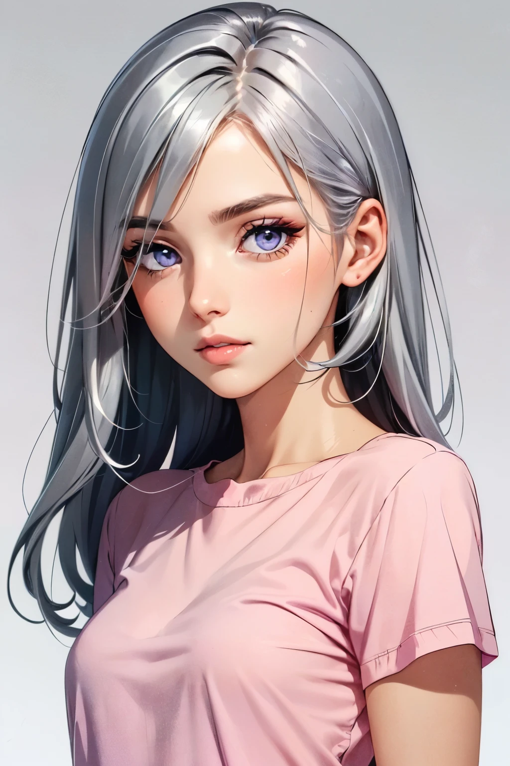 Girl, long gray hair, silver eyes, cold features, white skin, pink lips, purple shirt