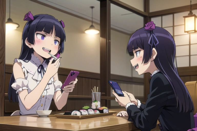 (ruri gokou), masterpiece, highest quality, One girl, alone, Hime cut, Gothic ****ta, ****ta Fashion, head band,restaurant,open mouth,tongue,food,makizushi,seafood,smirk,eating,laughing,constricted pupils,evil grin,shouting,(((indoors,sushi, food, smartphone, talking on phone,holding phone))),